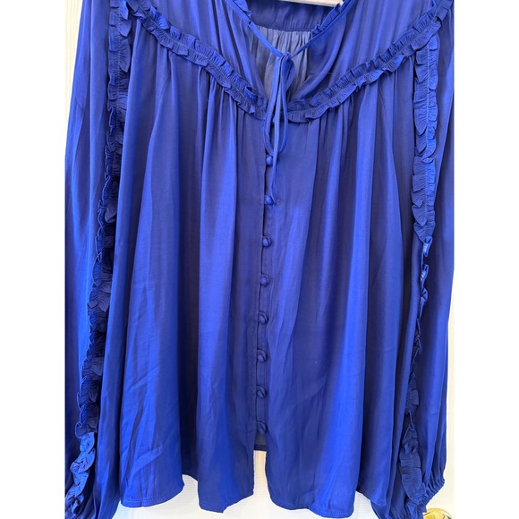 LOFT Ruffle Peasant Blouse XL Cobalt Blue Button Front Long Sleeve‎ Boho Top - Picture 4 of 7